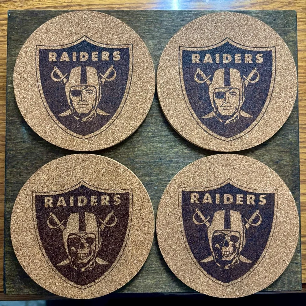 Raiders 2 Non Skull & 2 Skull Emblem Laser Engraved Cork Coasters
